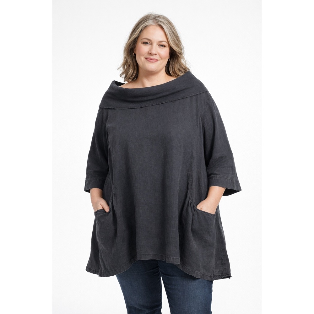Moonlight Linen Tunic Top Womens XL Washed Black Cowl Neck 3/4 Sleeve Lagenlook